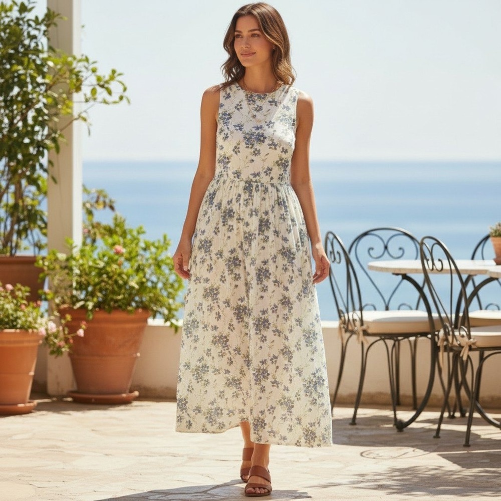 THE GREAT. Cream Blue Floral Cotton Sleeveless Midi‎ Dress Button Back Size 0